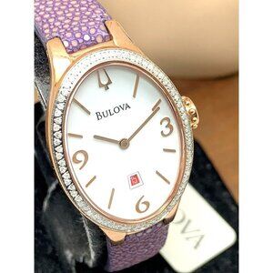 Bulova Women's Watch 98R198 Quartz Diamond White Dial Rose Gold Leather …